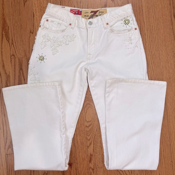 7 For All Mankind Boho Mid Rise Embellished White Denim Preppy flare leg jeans - Picture 11 of 16